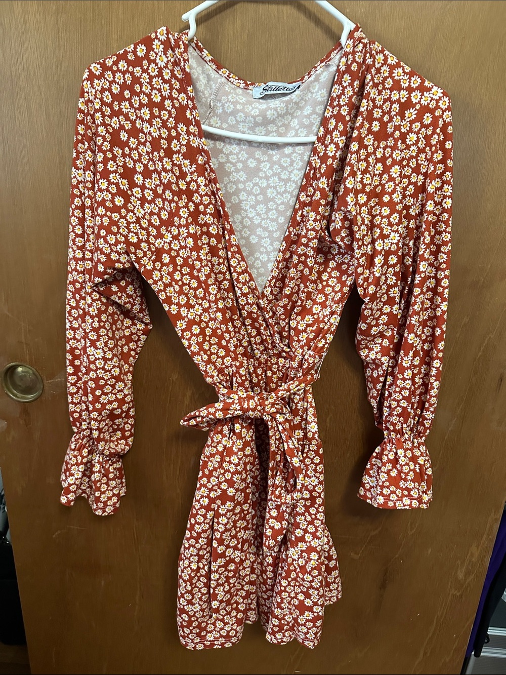 Rust Floral Wrap Dress with Self-Tie Waist by Juliettes